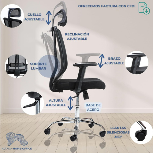 Silla Ergonomica Cabecera Base Acero Soporte Lumbar Ahosk1