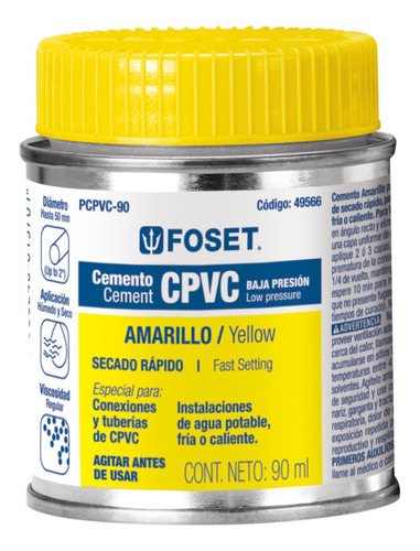 Cemento Para Cpvc En Bote De 90 Ml, Baja Presión, Foset