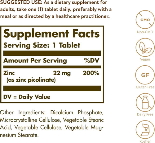 Solgar Zinc Picolinate 22 Mg, 100 Comprimidos - Promove A...