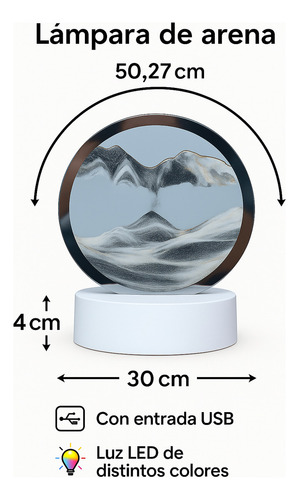 Lampara Led De Arena Dinamica 3d Velador De Mesa Usb Pilas Estructura Blanco Pantalla Azul