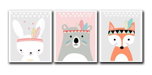 Imagen 1 de 3 de Triptico Cuadros Niños 40x30 Cms Set13 Conejo Zorro Oso