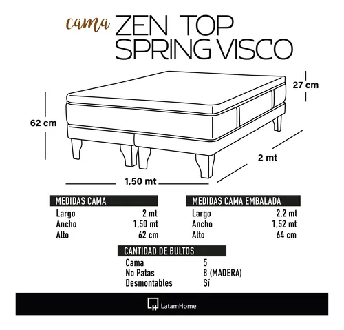 Cama Europea Zen Top Spring Visco Tela Velvet 2 Plazas