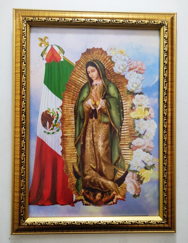 Virgen De Guadalupe Con Bandera En Marco Dorado B 44 X 32 Cm