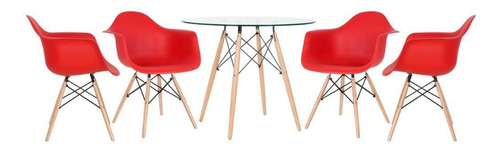 Kit Mesa Eames Wood 90 Cm Tampo Vidro  4 Cadeiras Daw Cor da tampa Vermelho