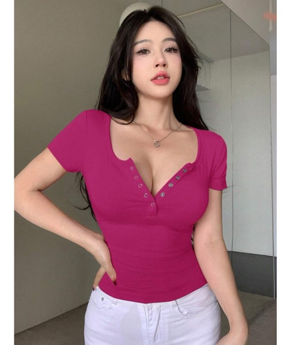 Blusa Mujer Ajustada Casual Moda Con Botones Manga Corta