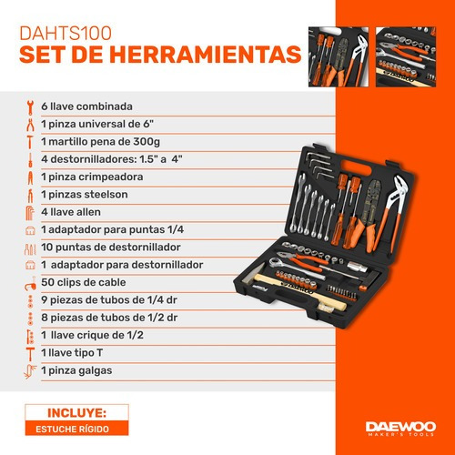 Kit Herramientas Daewoo Dahts100 Llaves Duntas Dados 100 Pzs