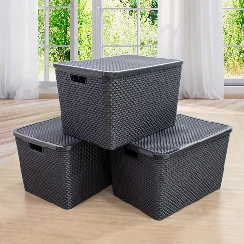 Caja Cesto Canasto Organizador Rattan 20lts Tapa - Negro