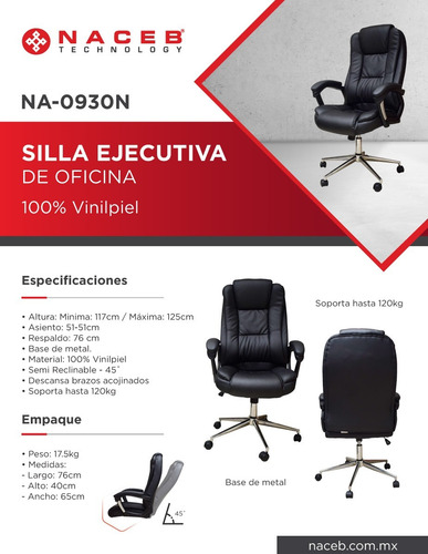 Silla Ejecutiva Naceb Na-0930 Negra Cuero Sintético Negro Cuero Sintético