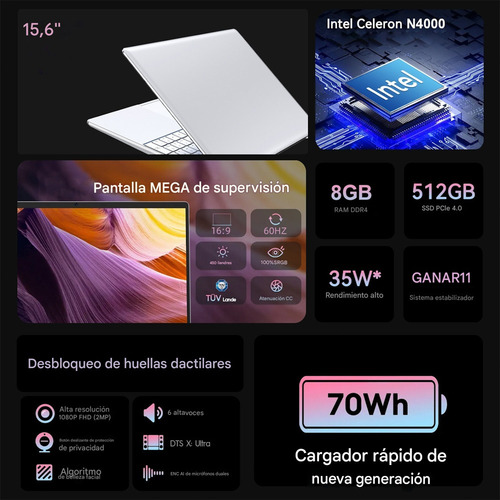 Más Popular Notebook 8gb Ram-512gb 15.6 Win11 Celeron N4000 Plateado