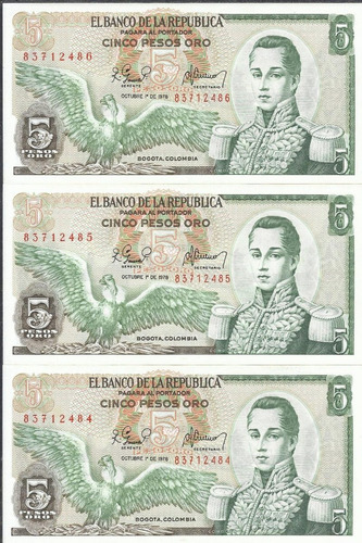 Colombia Trío Números Consecutivo, 5 Pesos 1 Octubre 1978