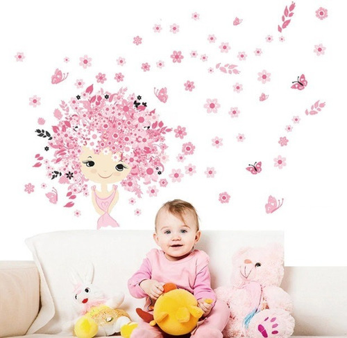 Vinil Decorativo Infantil Muñeca Con Mariposas Y Flores Sala