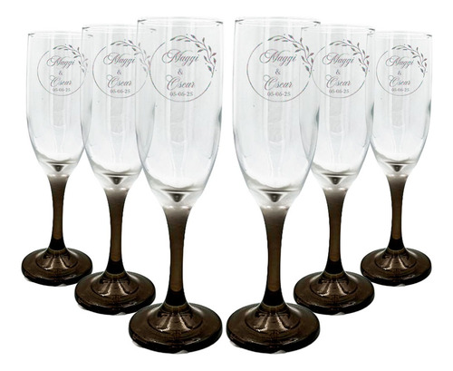 Copa Brindis Base Negra Personalizada Boda 6pz