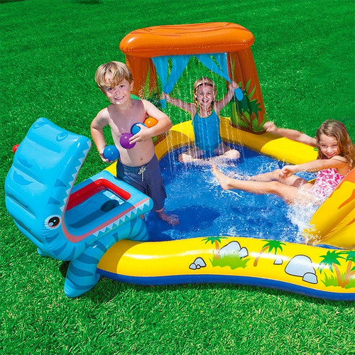 Pileta Inflable Con Tobogan De Dinosaurios Agua Intex 216 Lt Color Verde