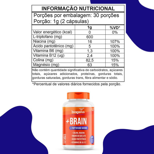 + Brain Triptofano 600mg Colina Relax Foco 60 Cáps Bigens