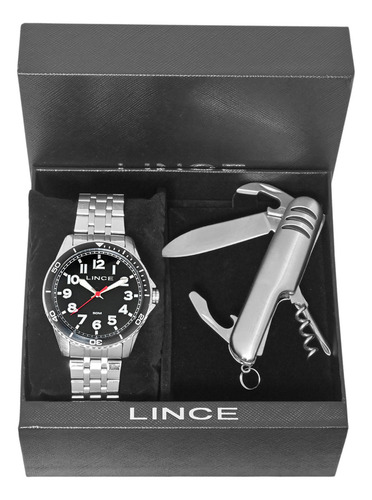 Kit Relogio Lince Masculino Prateado Com Números Mrmm008l46 Bisel Preto Fundo Preto