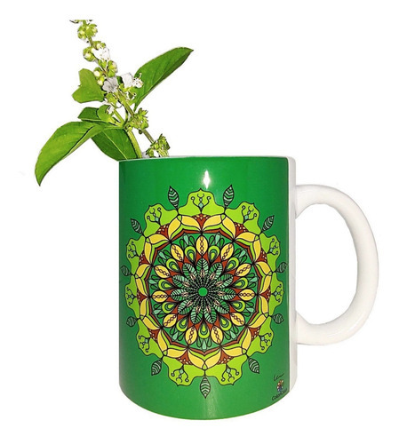 Caneca Branca Personalizada Mandala Terra Verde Marrom 325ml