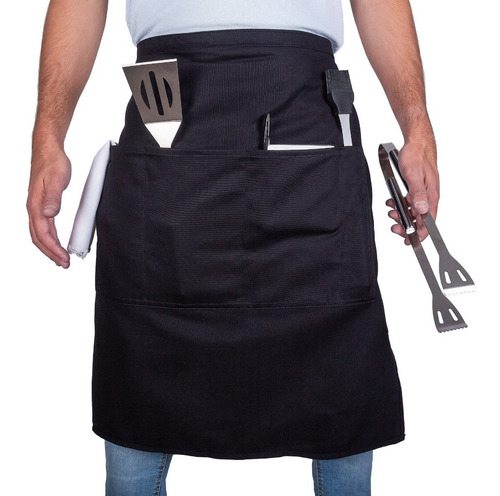 Medio Mandil Reversible Delantal Mesero Chef Gabardina 100% Negro