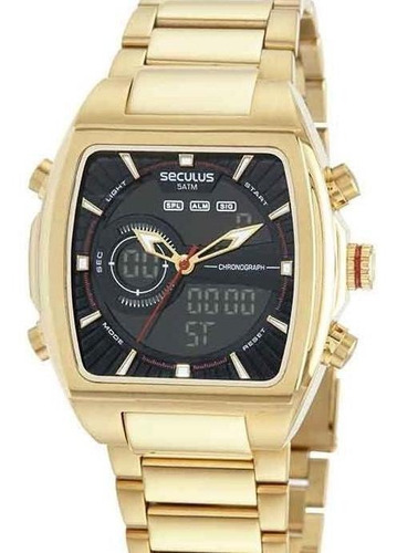 Relógio Seculus Masculino Dourado Quadrado Digiana Premium Cor do fundo Preto