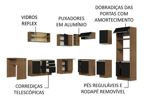 Cozinha Completa Cant Madesa Glamy 504001 Armário Bancada Rp Cor Rustic/Preto