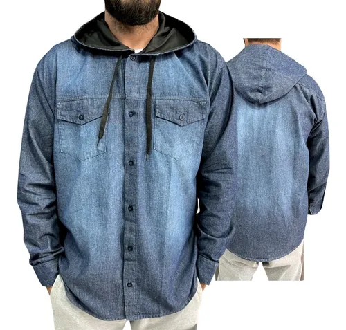 Camisa Jeans Capuz Adulto Masculina Manga Longa Promo o