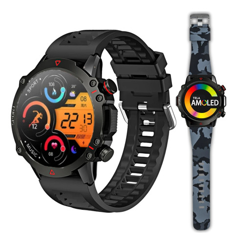 Smartwatch Tela Amod 1.53 + Pulseira Extra Camuflada Tatic Caixa Preto Bisel Cinza-escuro Desenho Da Pulseira Militar