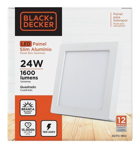 Painel Led Slim Sobrepor Black Decker Quadrado 6500k Bivolt