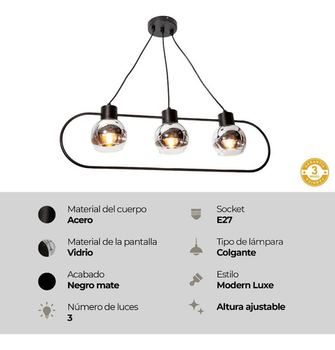 Lámpara Colgante Modern Luxe Lumimexico 23131-2 Negro E27 40w 3 Luces