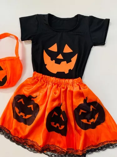 Fantasia Halloween Infantil Menina Abóbora Camisa Saia Bolsa