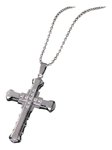 Colar Pingente Cruz Crucifixo Prata  Aço Inox Cordão Com B