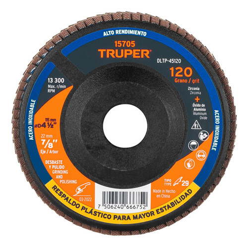 Disco Laminado 4-1/2'' X 7/8'' Grano 120 Resp. Truper 15705