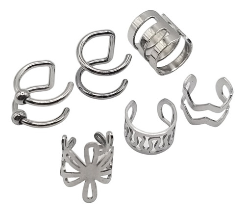 Set 6 Aritos Aros Ear Cuff Bidu A Presión Regulables Acero 