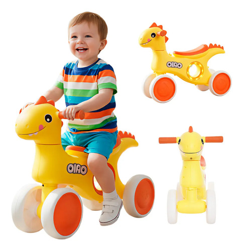 Bicicleta Equilíbrio Sem Pedal Infantil Dino Led Música Bebê Cor Amarelo