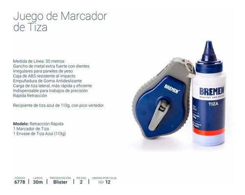 Imagen 2 de 5 de Chocla Tiralineas Marcador 30m + Repuesto Tiza Bremen 6778