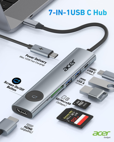 Acer Usb C Hub, Adaptador Usb C A Hdmi 7 En 1, Hdmi, 2 Puert