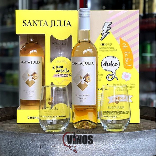 Estuche Vino Santa Julia Chenin Dulce + 2 Vasos Pack X4