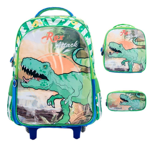 Mochila Rodinha Lancheira Térmica Estojo Infantil Escolar Cor Verde Com Azul Desenho Do Tecido Dino