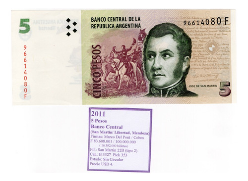 Ltb214. Billete De 5 Pesos, Serie F, 2011, Bot.: 3327