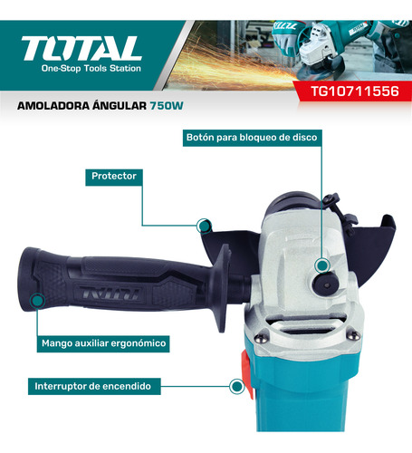 Imagen 4 de 10 de Amoladora Angular Total 750w Disco 115mm