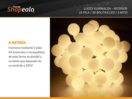 Imagen 6 de 8 de Luces Decorativa Cálidas Bolita Blanca 50 Led 5 Mt A Pilas-*