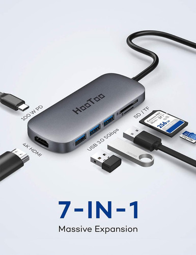 Imagen 2 de 8 de Hub Usb-c Adaptador Hdmi Macbook Pro Hootoo 100w Carga