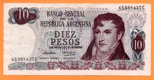 Billete 10 Pesos Ley, Bottero 2351, Año 1974 Exc