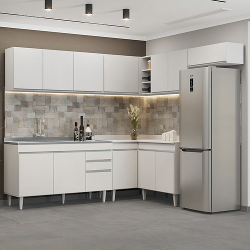 Armário Cozinha De Canto 7 Peças Cp24 Com Pia Inox Bco Cor Branco