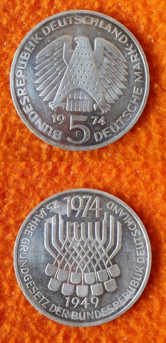 Moneda Conmemorativa De Alemania De Plata 5 Marcos Año 1974