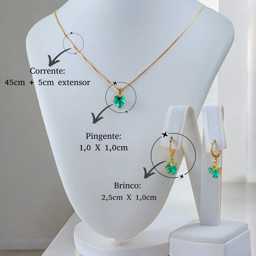 Colar E Brinco Coração Banhado Ouro 18k Conjunto Cor Turmalina