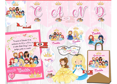 Kit Imprimible Princesas Disney Watercolor Personalizado