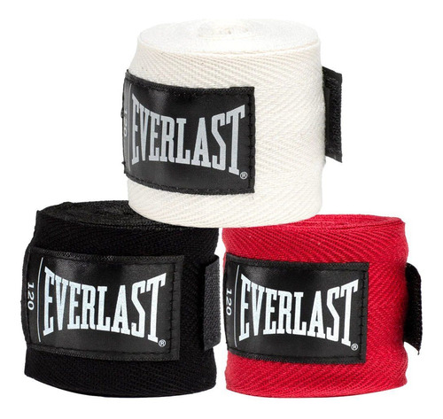 Pack de 3 Pares De Vendas Everlast Core Box 120 Pulgadas 3,05 Mts en Color Negro Rojo y Blanco, Con Abrojo y Enganche de Dedo Pulgar