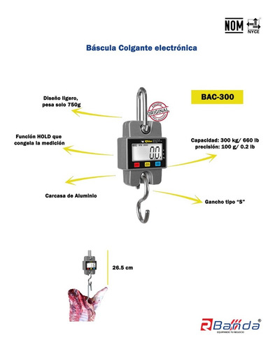 Imagen 2 de 4 de Bascula Digital Colgante Rhino 300 Kg Bac-300 Rbanda