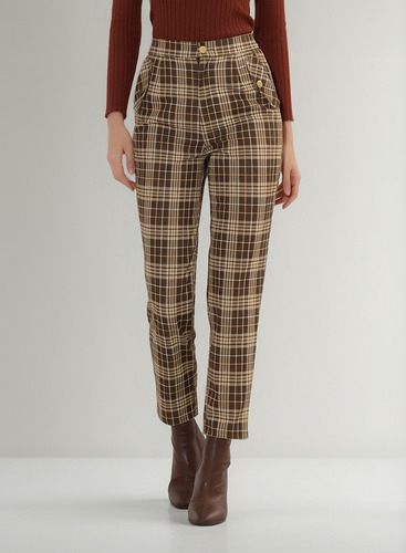 Pantalón Mujer Recto A Cuadros Vintage Con Cintura Elástica