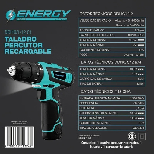 Taladro percutor atornillador inalámbrico de 10mm Energy DDI10/1/12 C1 12V + 1 batería de 1.3 Ah + accesorio con caja de cartón 220V 50Hz/60Hz