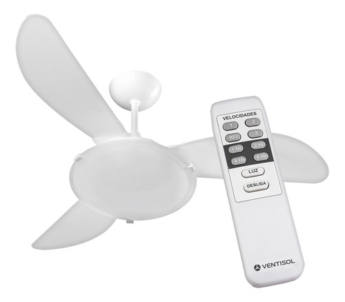 Ventilador De Teto Ventisol Sunny Com Motor Branco E Com 3 Pás Brancas De Plástico, 960 Mm De Diâmetro Com Controle Remoto - 220 V